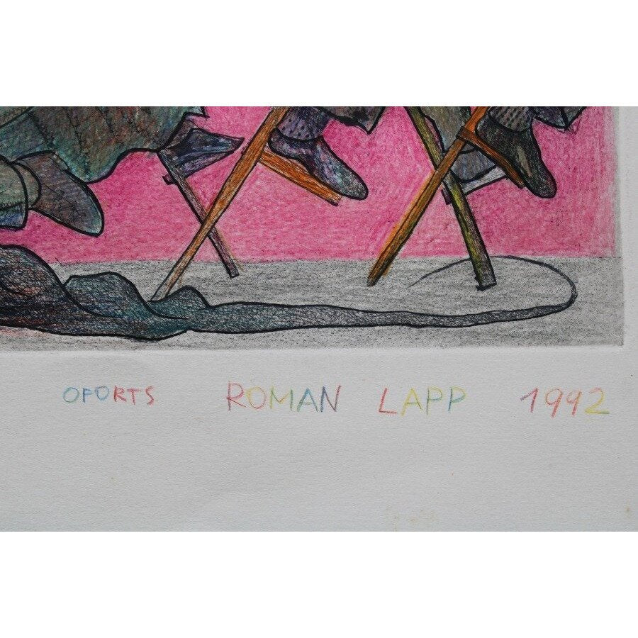 Roman Lapp, Theater History VI, 1992, Etching & Colored Pencil