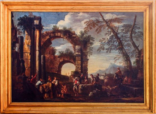 Roman Ruins with Figures - Original Oil On Canvas by Giovanni Ghisolfi Second Half of 17th Century-ZCI-756145