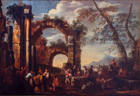 Roman Ruins with Figures - Original Oil On Canvas by Giovanni Ghisolfi Second Half of 17th Century-ZCI-756145