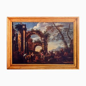 Roman Ruins with Figures - Original Oil On Canvas by Giovanni Ghisolfi Second Half of 17th Century-ZCI-756145