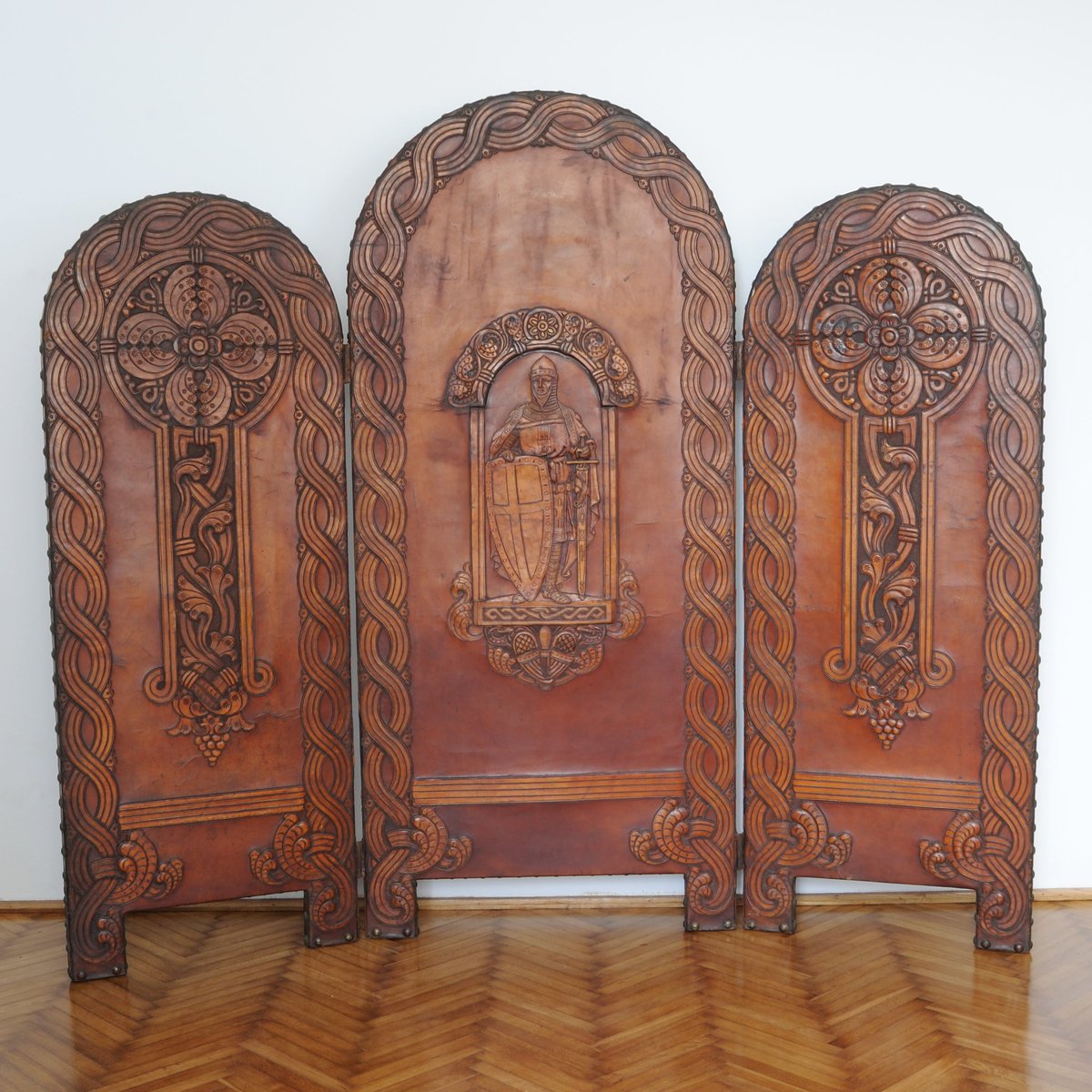 Romanesque Embossed Leather Screen or Room Divider, 1900s