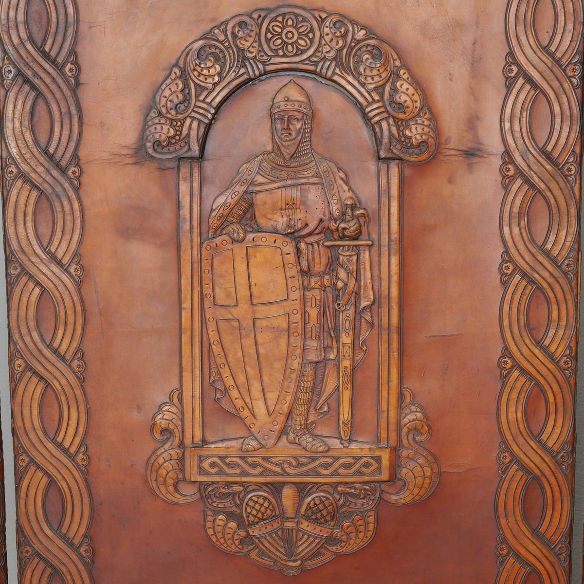 Romanesque Embossed Leather Screen or Room Divider, 1900s