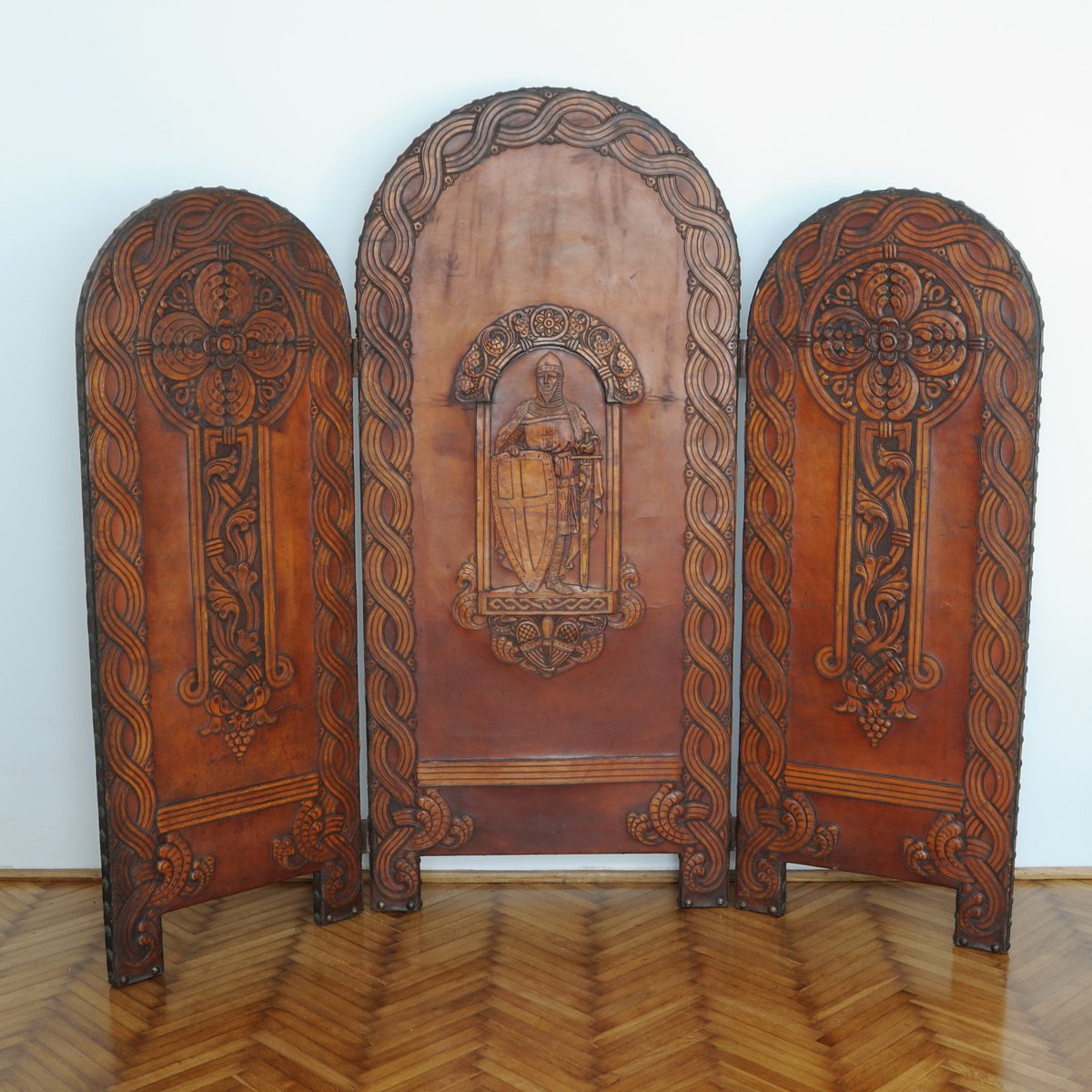 Romanesque Embossed Leather Screen or Room Divider, 1900s