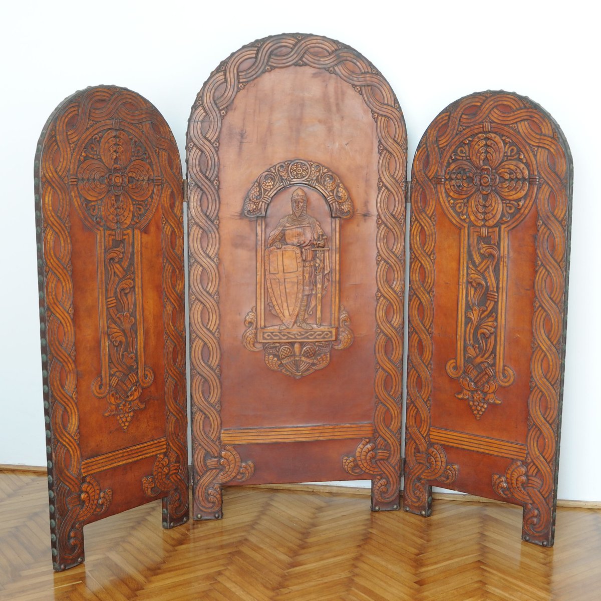 Romanesque Embossed Leather Screen or Room Divider, 1900s