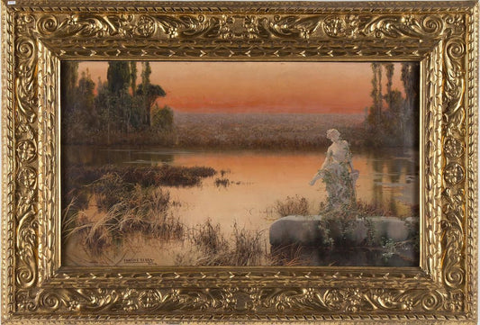 Romantic Landscape at Sunset - Original Oil Painting by E. Serra y Auque Early 20th Century