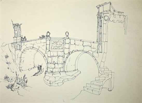 Rome, Ponte Milvio, Original Drawing Attributed to Giulio Zek, 1960s-ZCI-943902