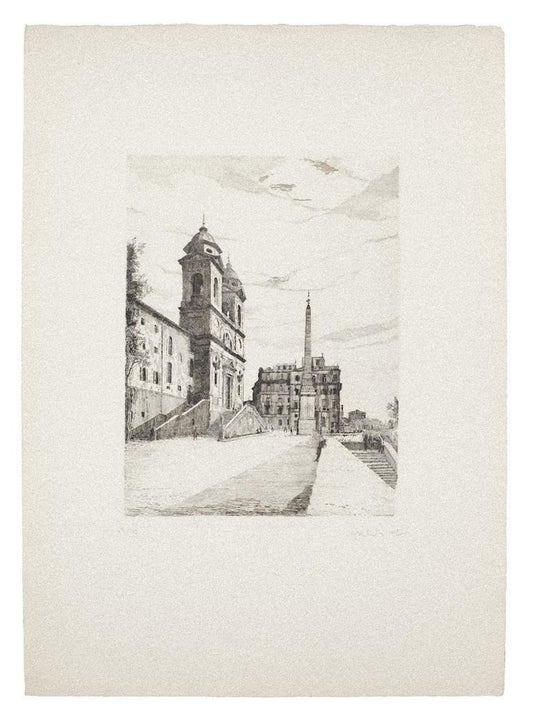 Rome, TheSpanish Steps - Original Etching on Paper by Giuseppe Malandrino -1970s 1970