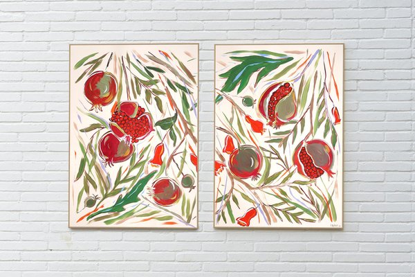 Romina Milano, Illustration Style Diptych of Ripe Pomegranate Tree, 2024, Acrylic Painting on Paper-RWC-2017678