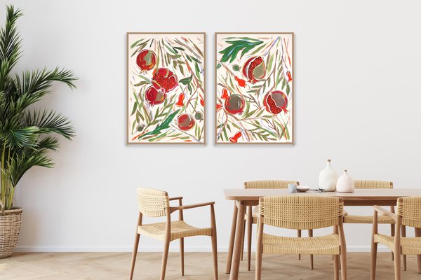 Romina Milano, Illustration Style Diptych of Ripe Pomegranate Tree, 2024, Acrylic Painting on Paper-RWC-2017678