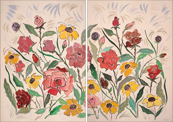 Romina Milano, Red Rose Bush, Pink and Yellow Margaritas Diptych, 2023, Acrylic on Paper-RWC-1772902