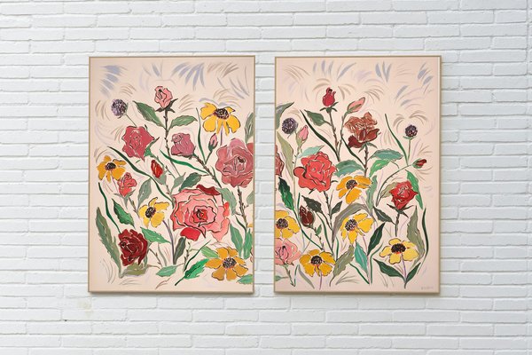 Romina Milano, Red Rose Bush, Pink and Yellow Margaritas Diptych, 2023, Acrylic on Paper-RWC-1772902