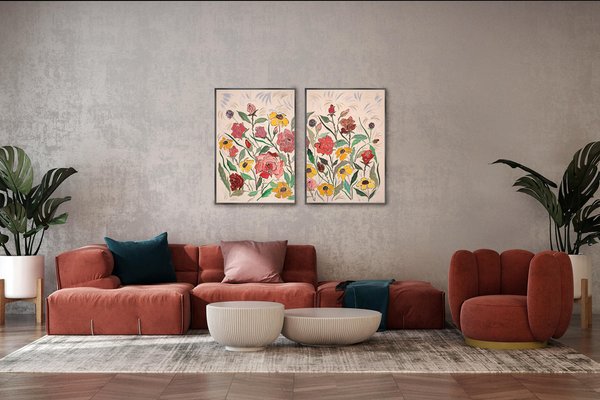 Romina Milano, Red Rose Bush, Pink and Yellow Margaritas Diptych, 2023, Acrylic on Paper-RWC-1772902