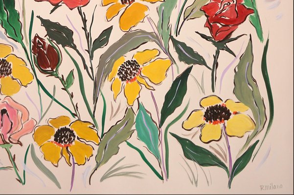 Romina Milano, Red Rose Bush, Pink and Yellow Margaritas Diptych, 2023, Acrylic on Paper-RWC-1772902