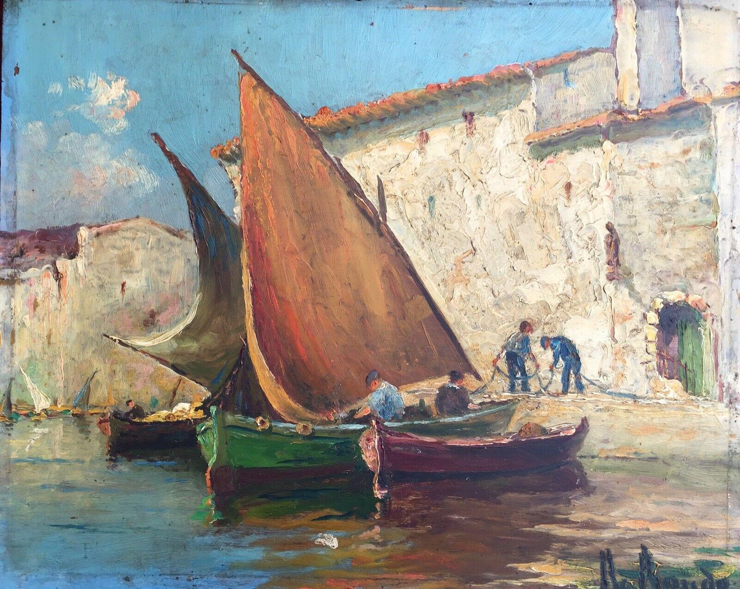 Ronda, Southern Port Sailboats, Oil on Wood