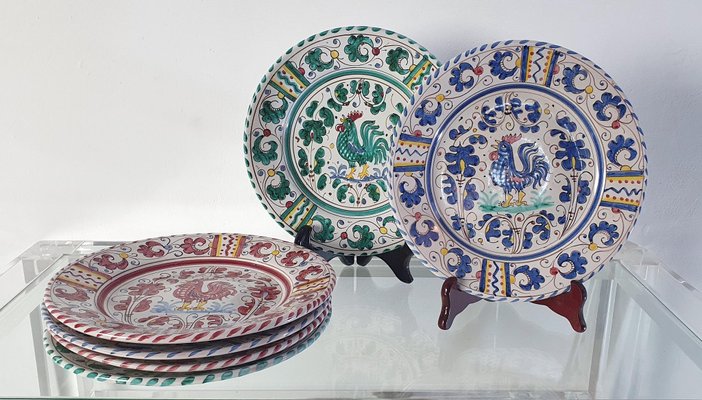 Rooster Dinner Plates by Deruta Italy, 1990s, Set of 6-FO-1406718