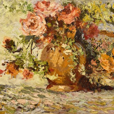 Rose Floral Painting, Oil on Wood, Early 20th Century-YVI-877348