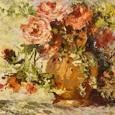 Rose Floral Painting, Oil on Wood, Early 20th Century-YVI-877348