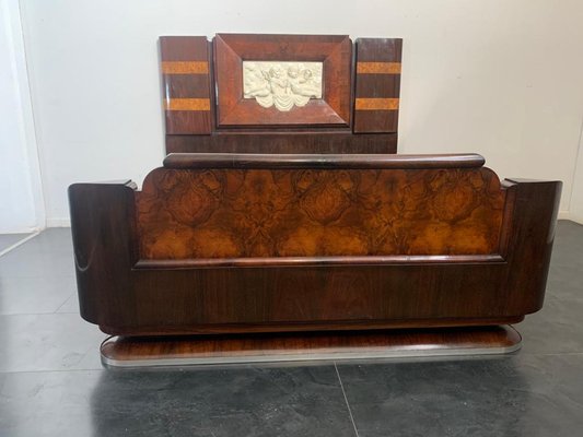 Rosewood and Walnut Bed and Bedside Tables with Cherub Carving by Ducrot, 1929, Set of 3-IJR-870084