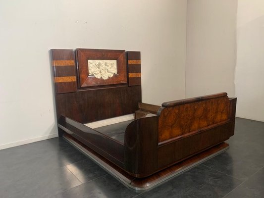 Rosewood and Walnut Bed and Bedside Tables with Cherub Carving by Ducrot, 1929, Set of 3-IJR-870084