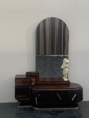 Rosewood and Walnut Oval Dressing Table & Mirror with Cherub Carving by Ducrot, 1920s, Set of 2-IJR-870062