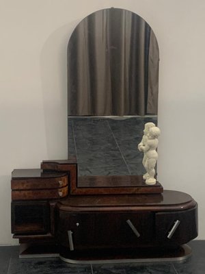 Rosewood and Walnut Oval Dressing Table & Mirror with Cherub Carving by Ducrot, 1920s, Set of 2-IJR-870062