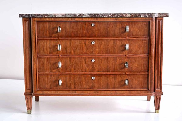 Rosewood Chest of Drawers with Red Marble Top by Lucien Rollin, 1940s-FMT-827176