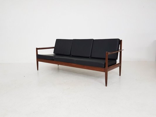 Rosewood Sofa with Black Vinyl Upholstery, 1960s-ZO-634469