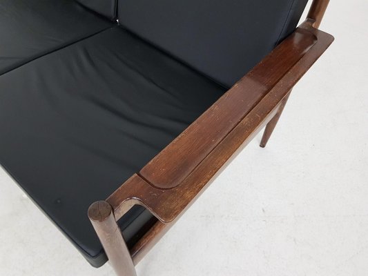 Rosewood Sofa with Black Vinyl Upholstery, 1960s-ZO-634469