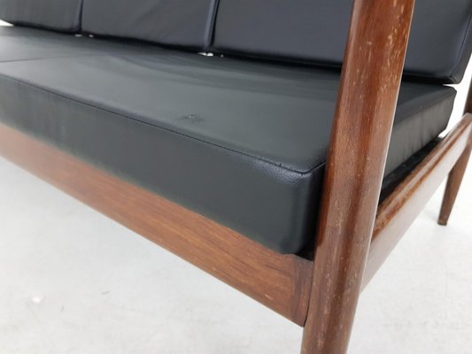 Rosewood Sofa with Black Vinyl Upholstery, 1960s-ZO-634469