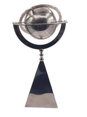 Rotating World Globe on Pyramid in Silver Lacquered Metal-TCS-1140907