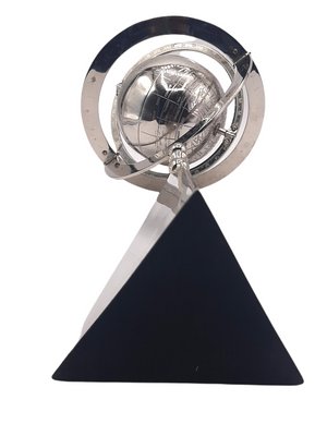 Rotating World Globe on Pyramid in Silver Lacquered Metal-TCS-1140907