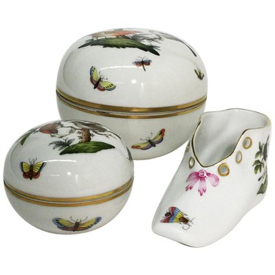 Rothschild Porcelain Round Lidded Boxes and Shoe from Herend Hungary, Set of 3-UCH-1224495