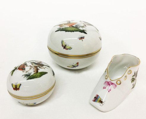 Rothschild Porcelain Round Lidded Boxes and Shoe from Herend Hungary, Set of 3-UCH-1224495