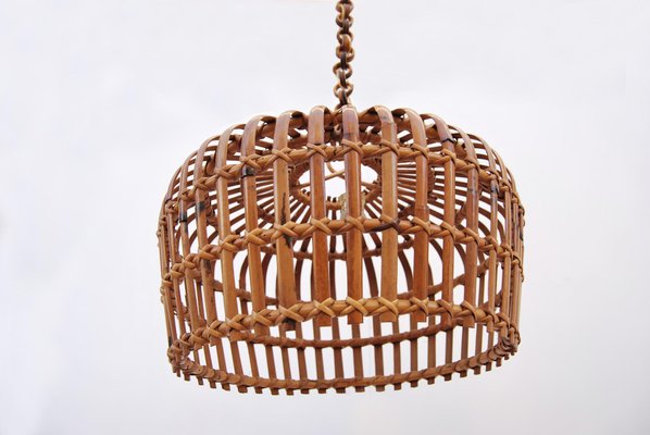 Round Bamboo and Wicker Hanging Light, 1960s-CGZ-1824944