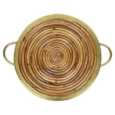 Round Bamboo, Rattan & Brass Serving Tray, Italy, 1970s-LYQ-1333943