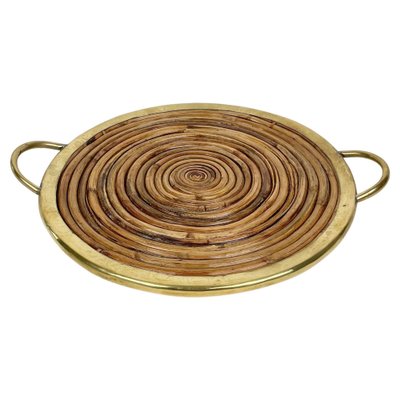 Round Bamboo, Rattan & Brass Serving Tray, Italy, 1970s-LYQ-1333943