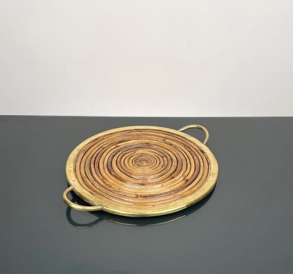 Round Bamboo, Rattan & Brass Serving Tray, Italy, 1970s-LYQ-1333943