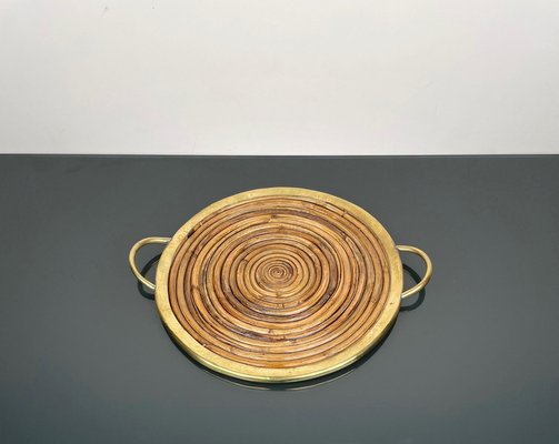 Round Bamboo, Rattan & Brass Serving Tray, Italy, 1970s-LYQ-1333943