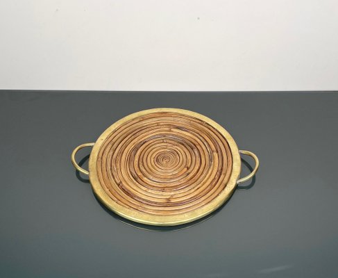 Round Bamboo, Rattan & Brass Serving Tray, Italy, 1970s-LYQ-1333943