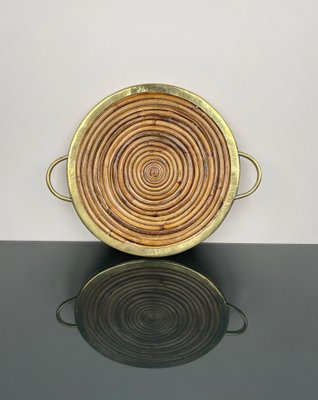 Round Bamboo, Rattan & Brass Serving Tray, Italy, 1970s-LYQ-1333943