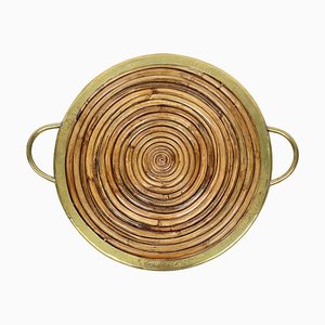 Round Bamboo, Rattan & Brass Serving Tray, Italy, 1970s-LYQ-1333943