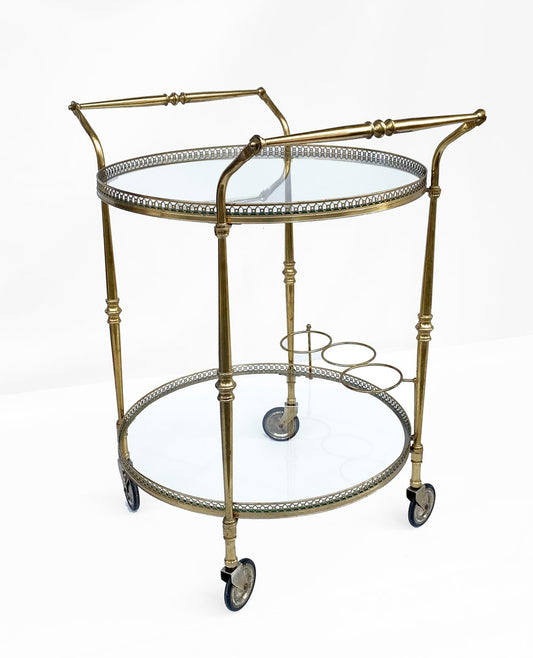 Round Brass Bar Trolley with Bottle Holder by Maison Baguès, 1950s