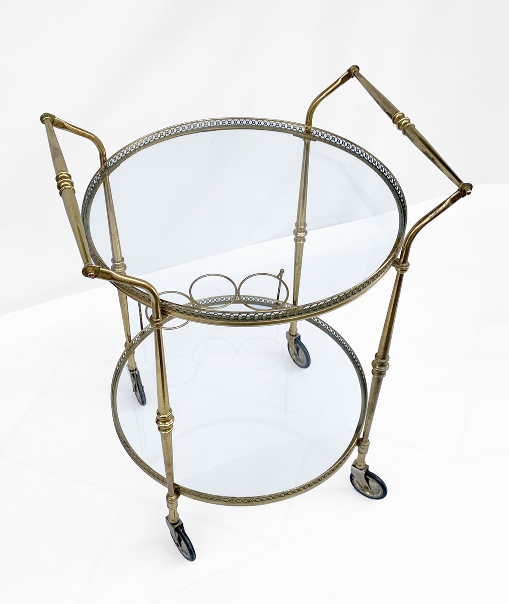 Round Brass Bar Trolley with Bottle Holder by Maison Baguès, 1950s