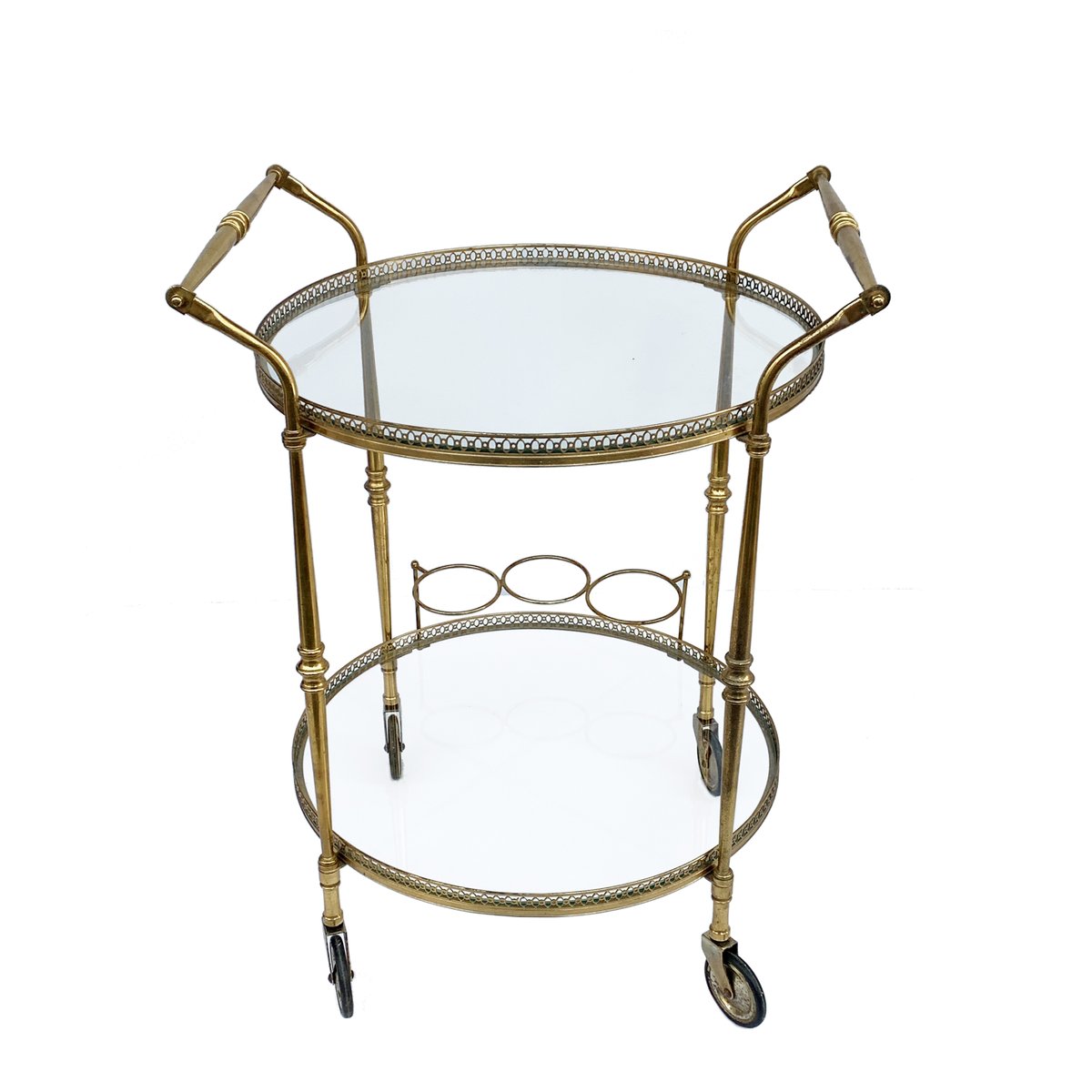 Round Brass Bar Trolley with Bottle Holder by Maison Baguès, 1950s