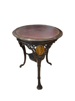 Round Cast Iron Structure Coffee Table With Golden Medallions, Wooden Top & Leather-ZFY-1277850