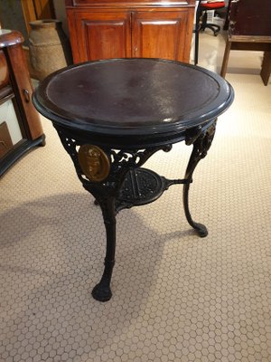 Round Cast Iron Structure Coffee Table With Golden Medallions, Wooden Top & Leather-ZFY-1277850