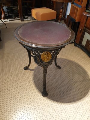 Round Cast Iron Structure Coffee Table With Golden Medallions, Wooden Top & Leather-ZFY-1277850