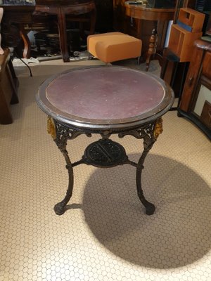 Round Cast Iron Structure Coffee Table With Golden Medallions, Wooden Top & Leather-ZFY-1277850