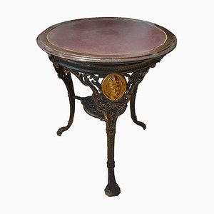 Round Cast Iron Structure Coffee Table With Golden Medallions, Wooden Top & Leather-ZFY-1277850