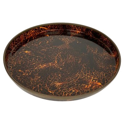 Round Centerpiece Serving Tray in Faux Tortoiseshell and Brass, Italy, 1970s-LYQ-1428354